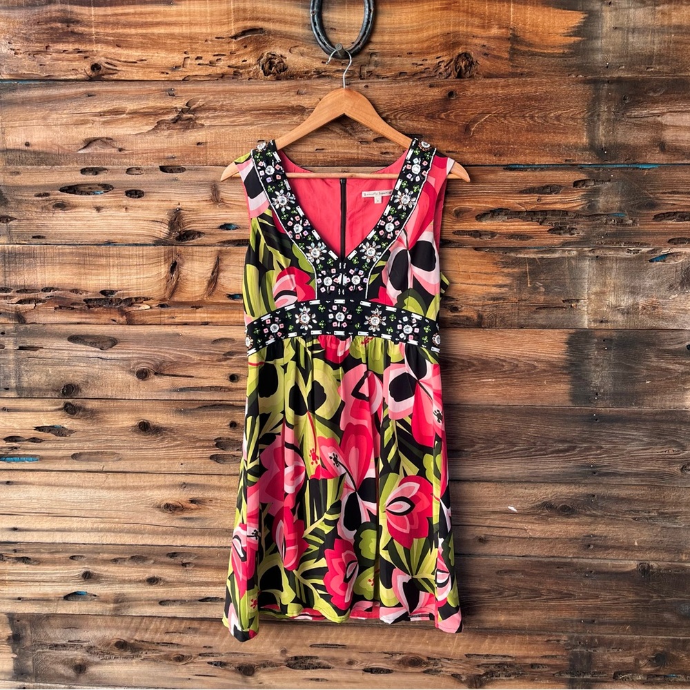 NANETTE LEPORE | Silk Pink & Green Embellished Beaded V-Neck Mini Dress 8